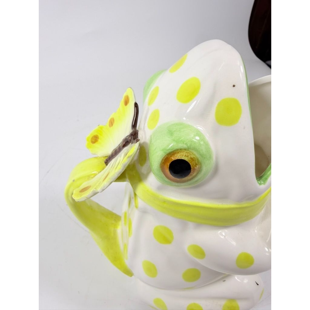 Frog Pitcher Vase Seymour Mann Hand Painted Ceramic Yellow Green Polka Dots Butterfly Japan Ceramic Café Italiano Italian Spring Collector