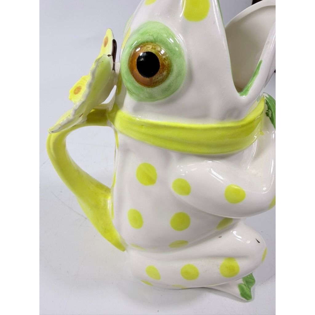 Frog Pitcher Vase Seymour Mann Hand Painted Ceramic Yellow Green Polka Dots Butterfly Japan Ceramic Café Italiano Italian Spring Collector