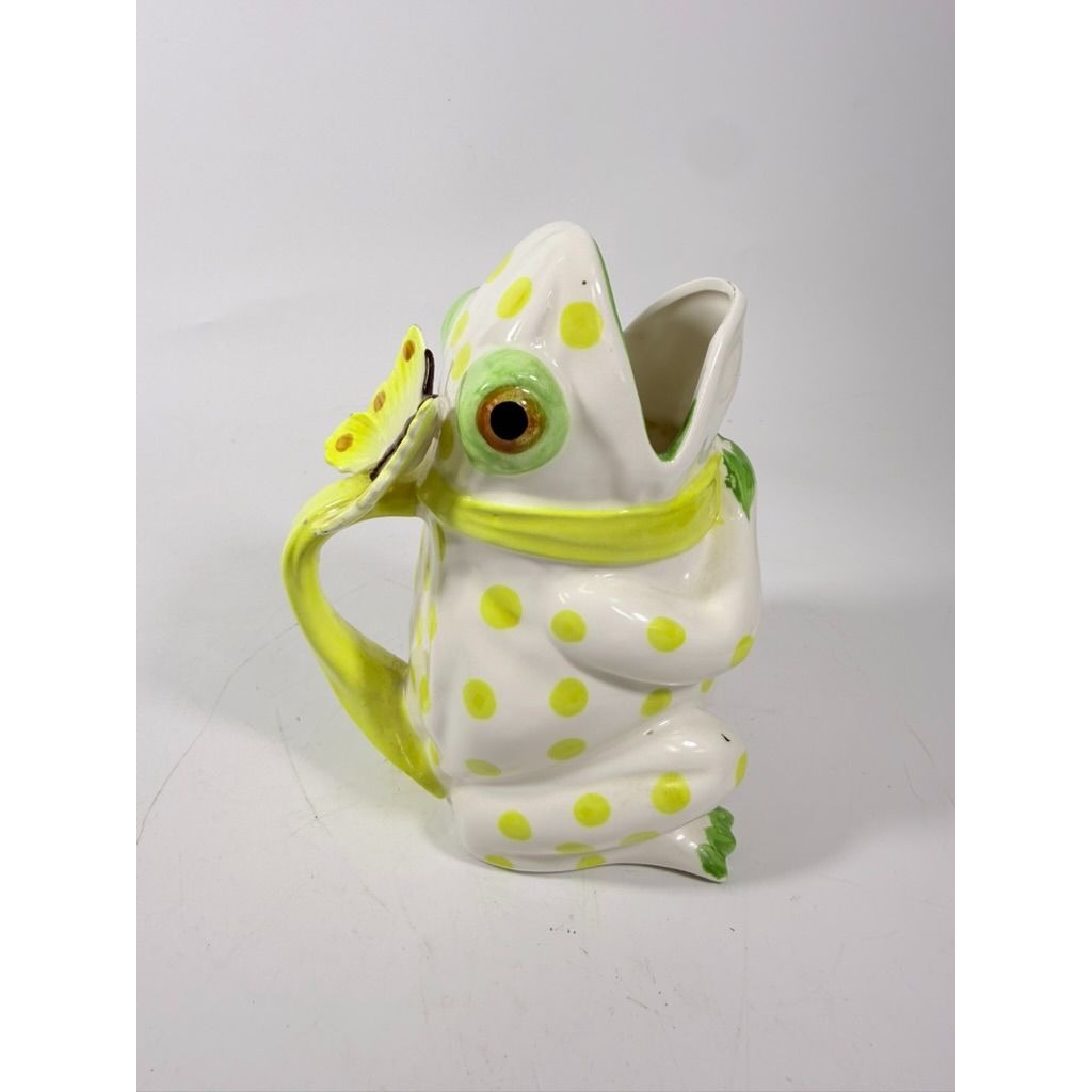 Frog Pitcher Vase Seymour Mann Hand Painted Ceramic Yellow Green Polka Dots Butterfly Japan Ceramic Café Italiano Italian Spring Collector