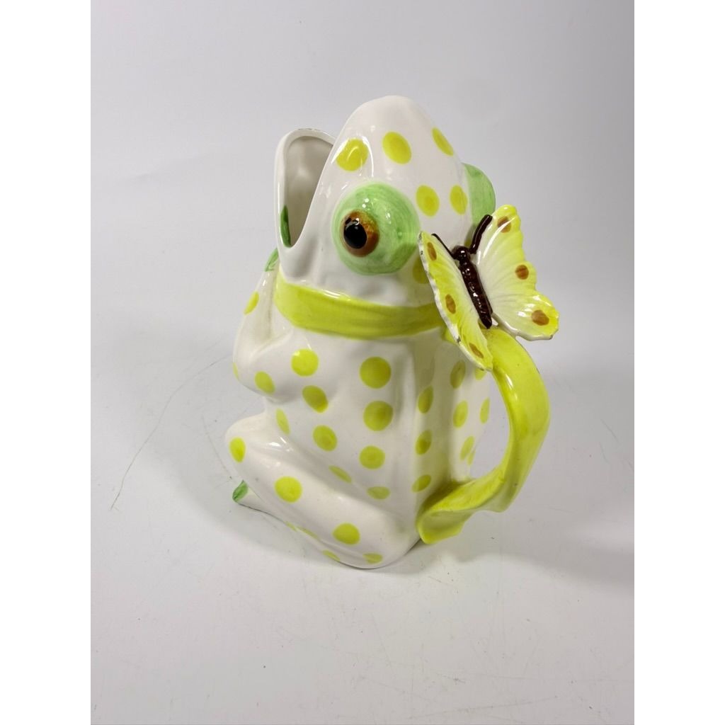 Frog Pitcher Vase Seymour Mann Hand Painted Ceramic Yellow Green Polka Dots Butterfly Japan Ceramic Café Italiano Italian Spring Collector