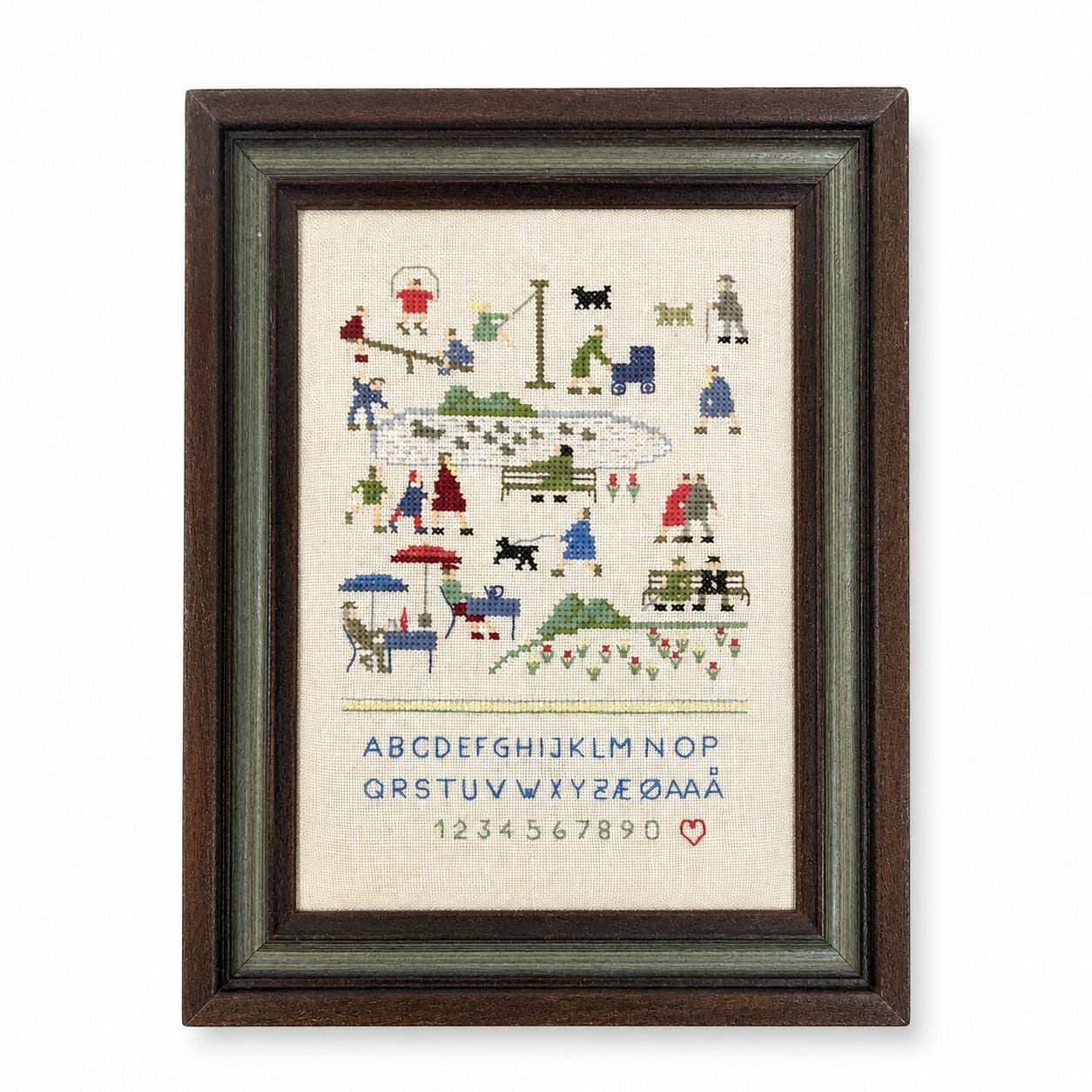 Cross Stitch Sampler on Linen People in Park Handmade Gallery Wall Shelf Table Home Decor Alphabet Scandanavian Vintage Hand Stitched