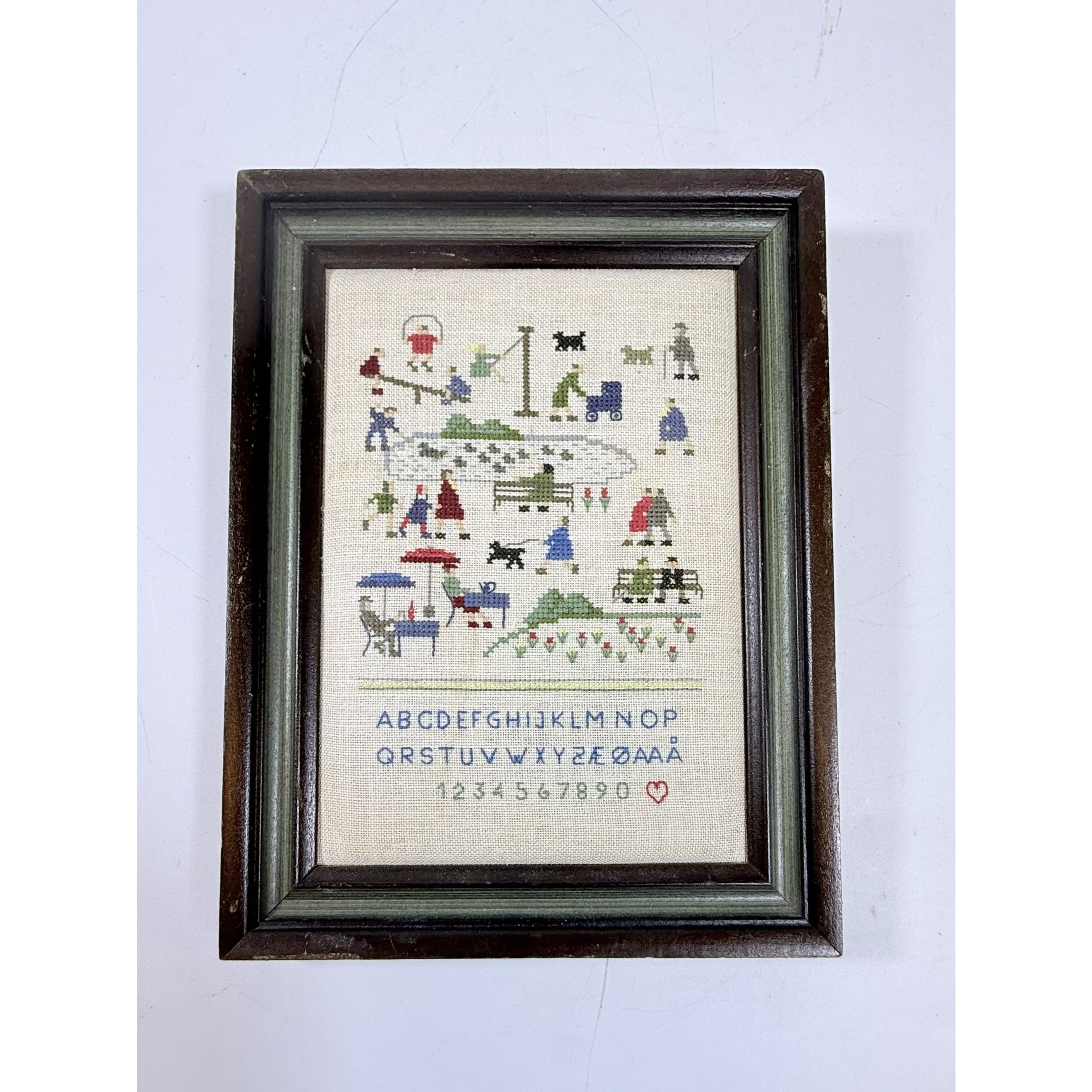Cross Stitch Sampler on Linen People in Park Handmade Gallery Wall Shelf Table Home Decor Alphabet Scandanavian Vintage Hand Stitched