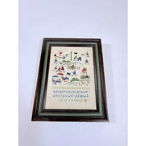 Cross Stitch Sampler on Linen People in Park Handmade Gallery Wall Shelf Table Home Decor Alphabet Scandanavian Vintage Hand Stitched