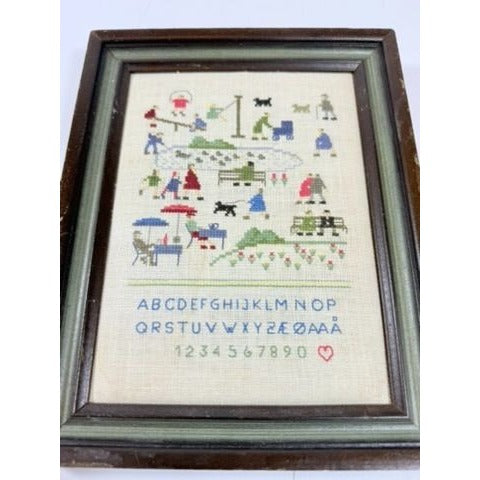 Cross Stitch Sampler on Linen People in Park Handmade Gallery Wall Shelf Table Home Decor Alphabet Scandanavian Vintage Hand Stitched