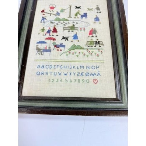 Cross Stitch Sampler on Linen People in Park Handmade Gallery Wall Shelf Table Home Decor Alphabet Scandanavian Vintage Hand Stitched