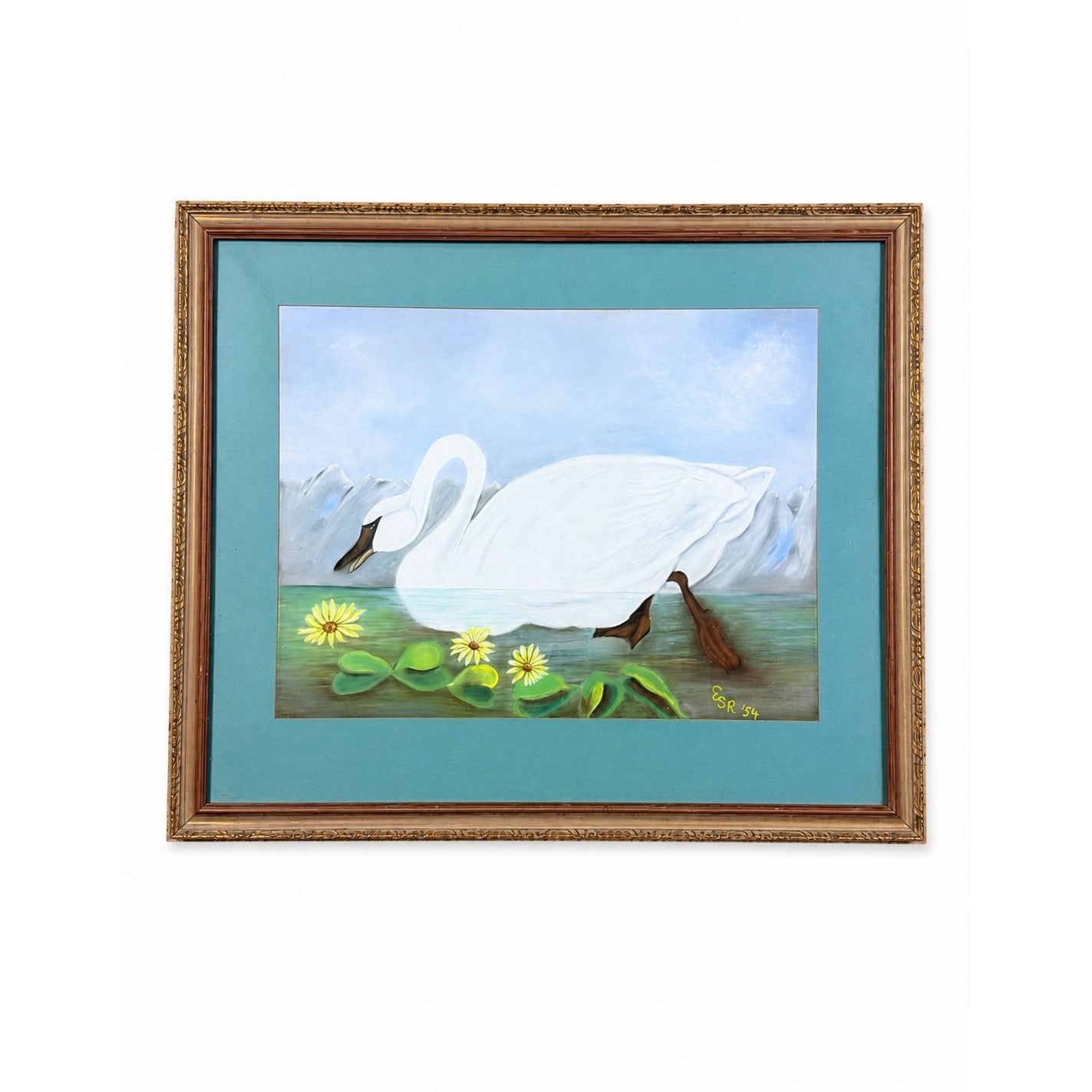 Framed Watercolor Whistling Swan Vintage Audubon Birds Hand Painted Large Signed  ESR Silver Frame Wall Home Decor Decorative Accent