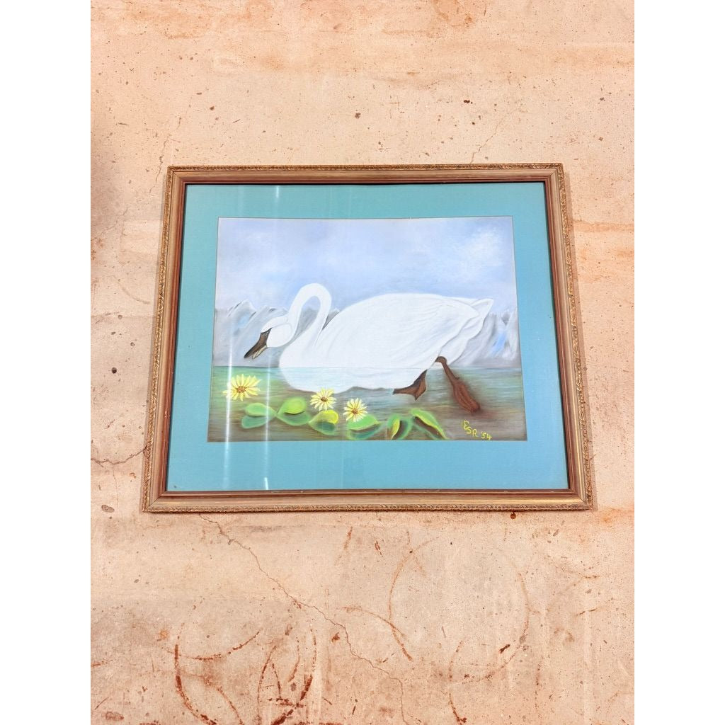 Framed Watercolor Whistling Swan Vintage Audubon Birds Hand Painted Large Signed  ESR Silver Frame Wall Home Decor Decorative Accent