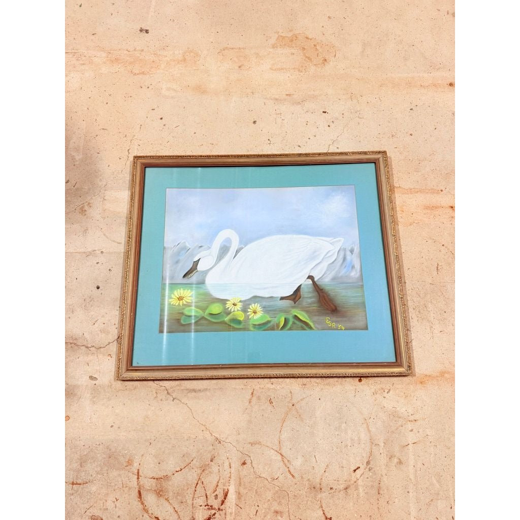 Framed Watercolor Whistling Swan Vintage Audubon Birds Hand Painted Large Signed  ESR Silver Frame Wall Home Decor Decorative Accent