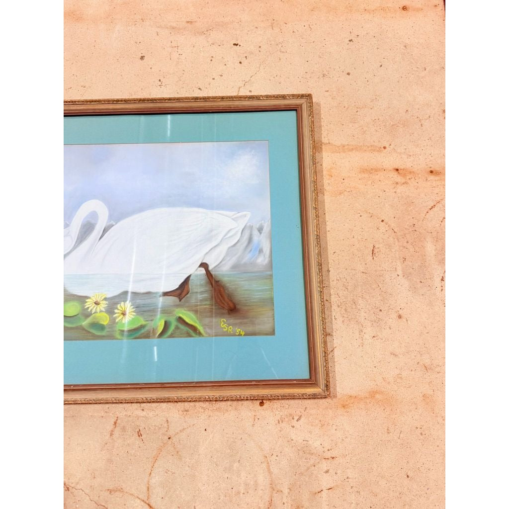 Framed Watercolor Whistling Swan Vintage Audubon Birds Hand Painted Large Signed  ESR Silver Frame Wall Home Decor Decorative Accent