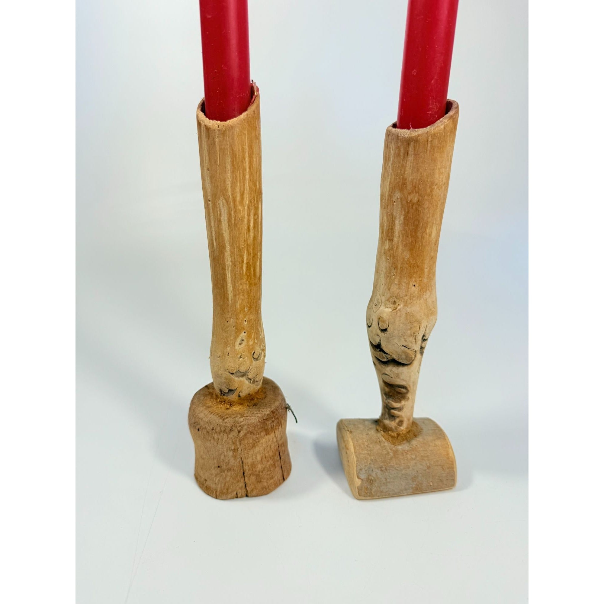 Wooden Taper Candle Holder Pair Hand Carved Vintage Burled Wood Set Pair Whittled Folk Art Primitive Farmhouse Cottage Core Table Home Decor