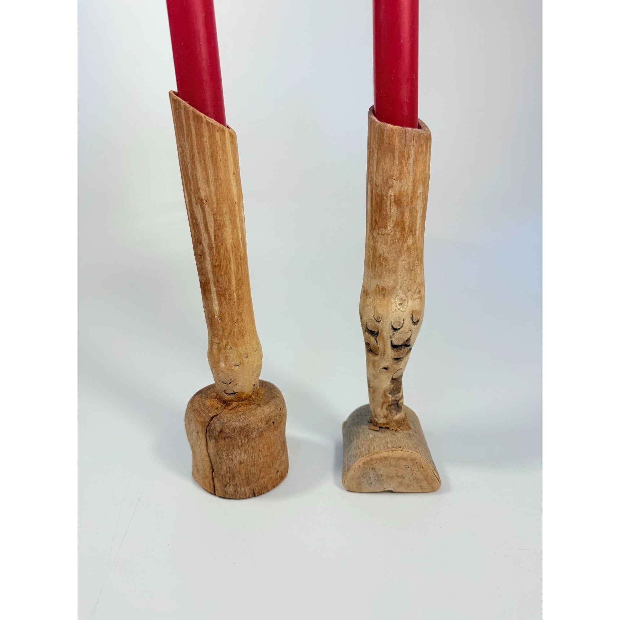 Wooden Taper Candle Holder Pair Hand Carved Vintage Burled Wood Set Pair Whittled Folk Art Primitive Farmhouse Cottage Core Table Home Decor