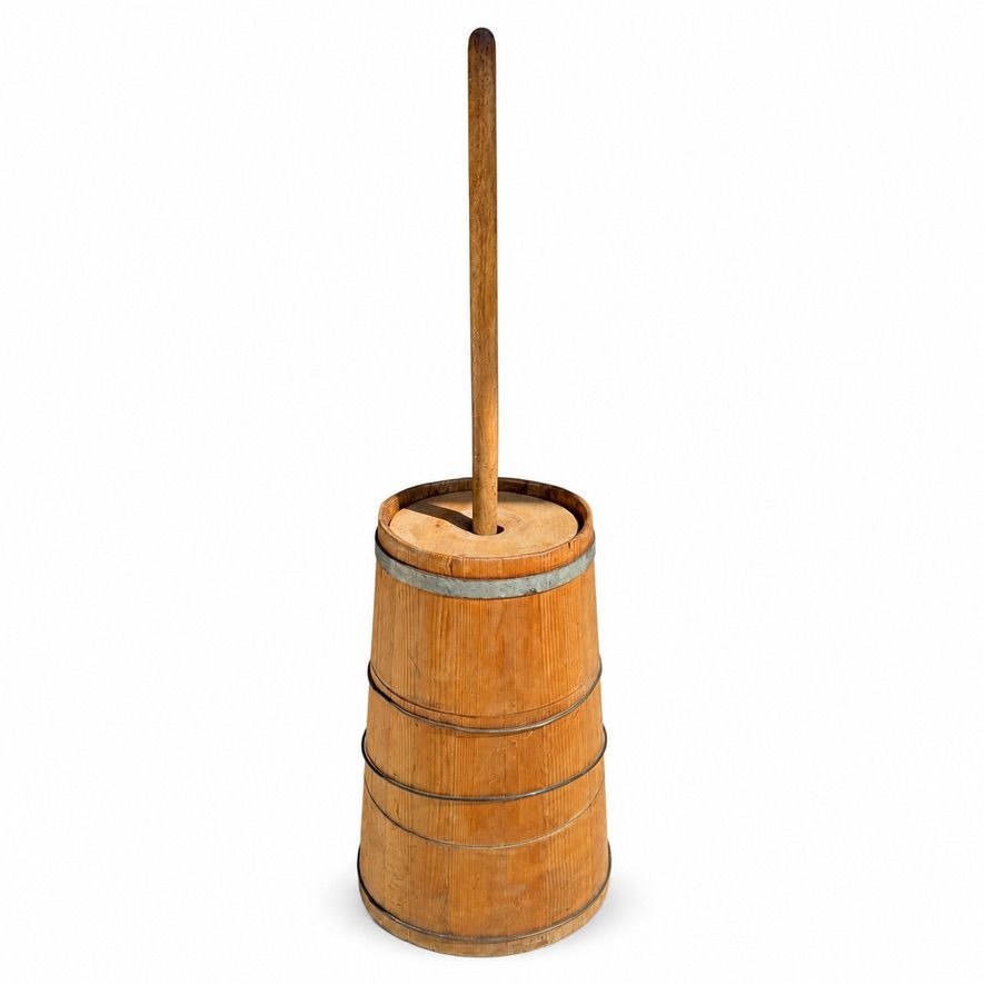 Wooden Butter Churn Iron Rings Lid 15 Gallon Lid Dasher Barrel Style Kitchen Equiptment Vintage Farmhouse Primitive Rustic Decorative Accent