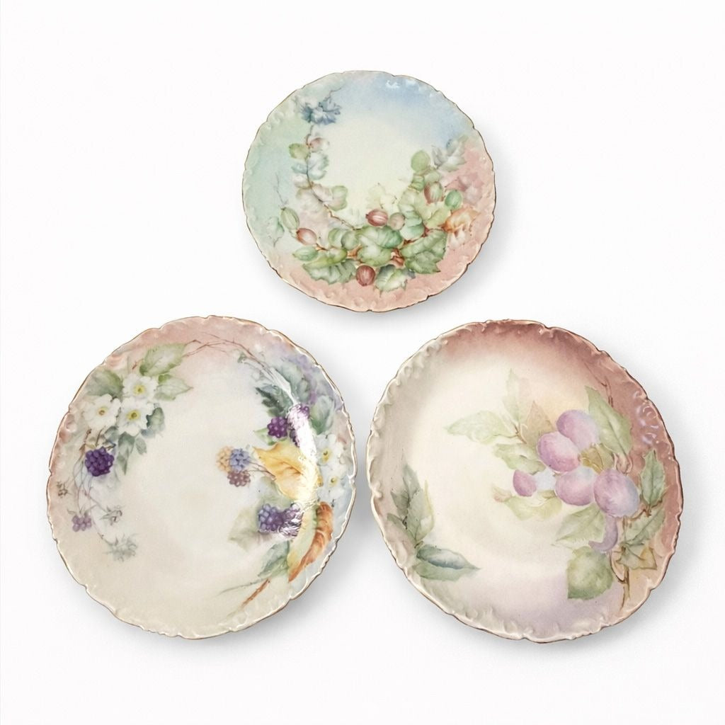 Hand Painted Plate Floral Fruit Vintage T & V Limoges France Set 3 Salad Dessert Antique Floral Gallery Wall Cottage Core Victorian Vintage