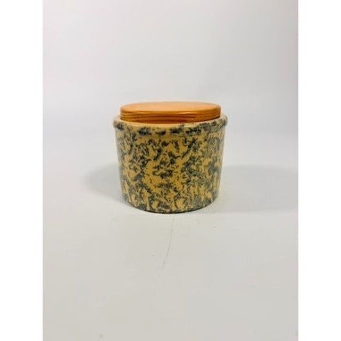 Pottery Crock Low Pint Robinson Ransbottom Co. Blue Spongeware Wood Lid Vintage Hand Painted Kitchenware Farmhouse Primitive Country Granny