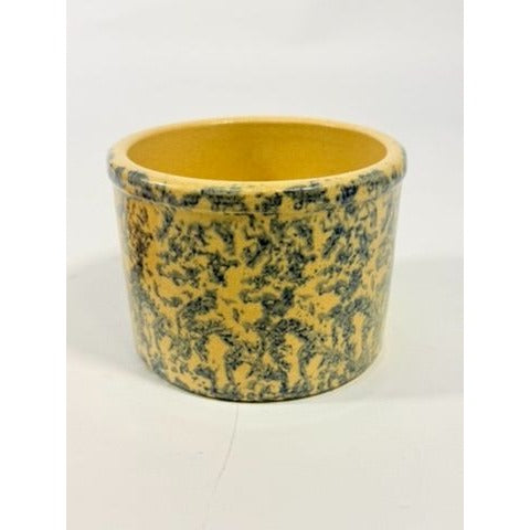 Pottery Crock Low Pint Robinson Ransbottom Co. Blue Spongeware Wood Lid Vintage Hand Painted Kitchenware Farmhouse Primitive Country Granny
