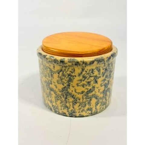 Pottery Crock Low Pint Robinson Ransbottom Co. Blue Spongeware Wood Lid Vintage Hand Painted Kitchenware Farmhouse Primitive Country Granny
