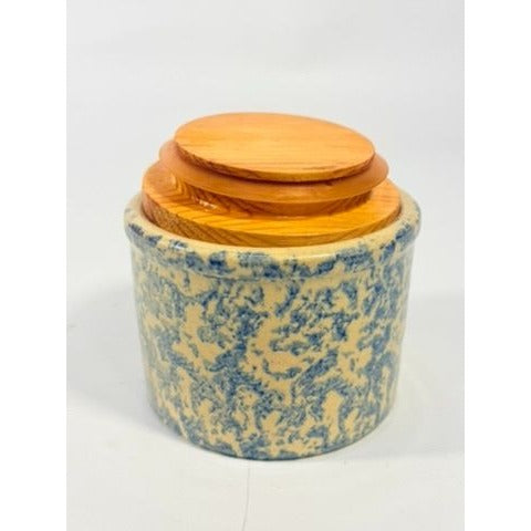 Pottery Crock Low Pint Robinson Ransbottom Co. Blue Spongeware Wood Lid Vintage Hand Painted Kitchenware Farmhouse Primitive Country Granny