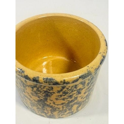 Pottery Crock Low Pint Robinson Ransbottom Co. Blue Spongeware Wood Lid Vintage Hand Painted Kitchenware Farmhouse Primitive Country Granny