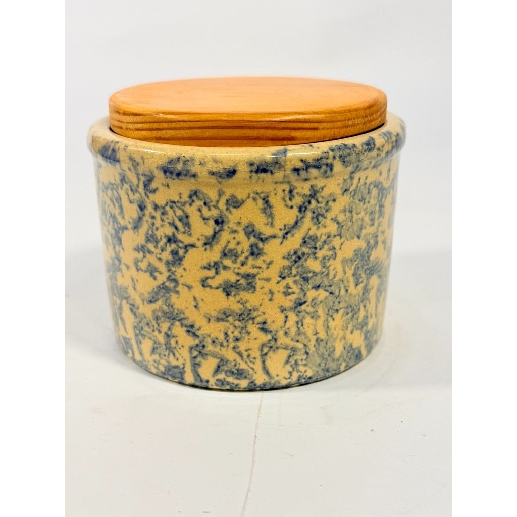 Pottery Crock Low Pint Robinson Ransbottom Co. Blue Spongeware Wood Lid Vintage Hand Painted Kitchenware Farmhouse Primitive Country Granny