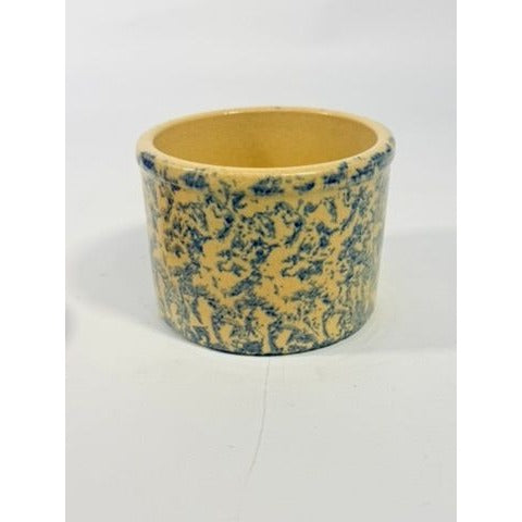 Pottery Crock Low Pint Robinson Ransbottom Co. Blue Spongeware Wood Lid Vintage Hand Painted Kitchenware Farmhouse Primitive Country Granny