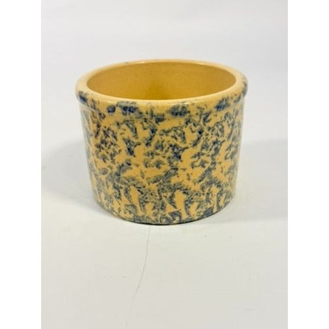 Pottery Crock Low Pint Robinson Ransbottom Co. Blue Spongeware Wood Lid Vintage Hand Painted Kitchenware Farmhouse Primitive Country Granny