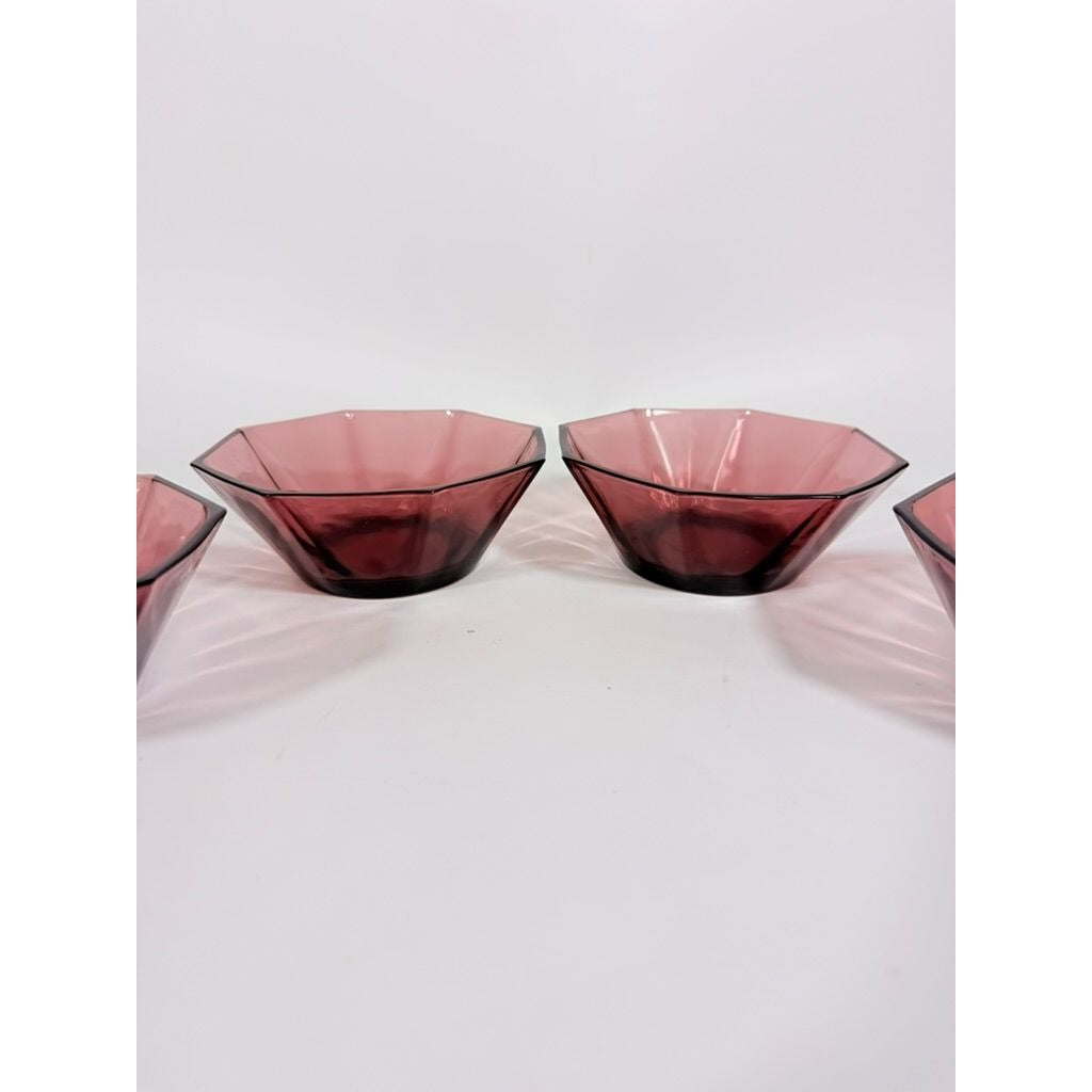 Glass Dessert Bowls Ice Cream Set 4 Hazel Atlas Moroccan Amethyst Octagon Purple 5" Midcentury Modern Vintage Replacement Glassrware