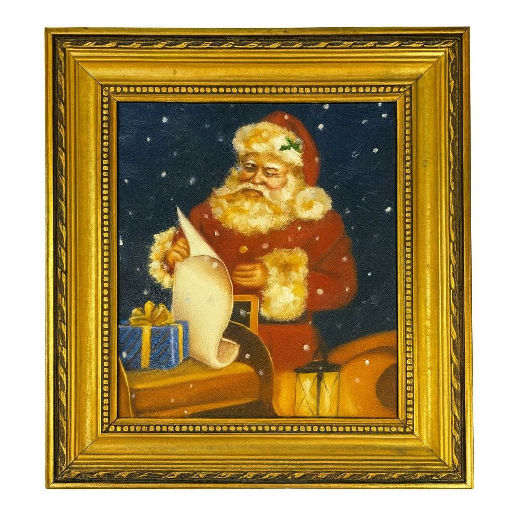 Santa Oil Painting Hand Painted Framed List Sleigh Present Lantern Old Word Traditional Vintage Holiday Seasonal Wall Shelf Decor Gold Frame