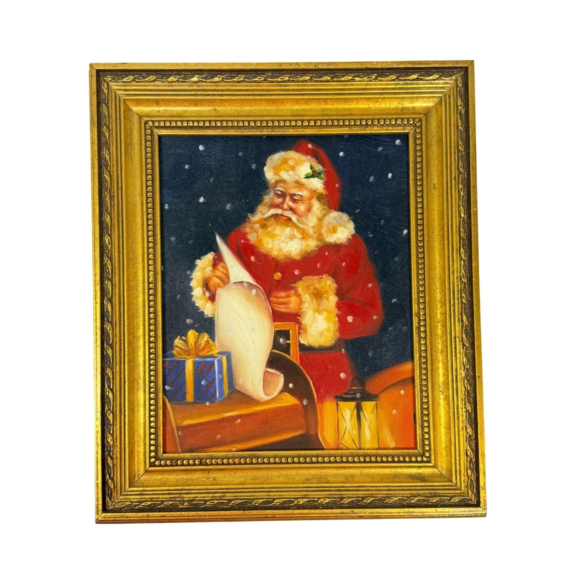 Santa Oil Painting Hand Painted Framed List Sleigh Present Lantern Old Word Traditional Vintage Holiday Seasonal Wall Shelf Decor Gold Frame