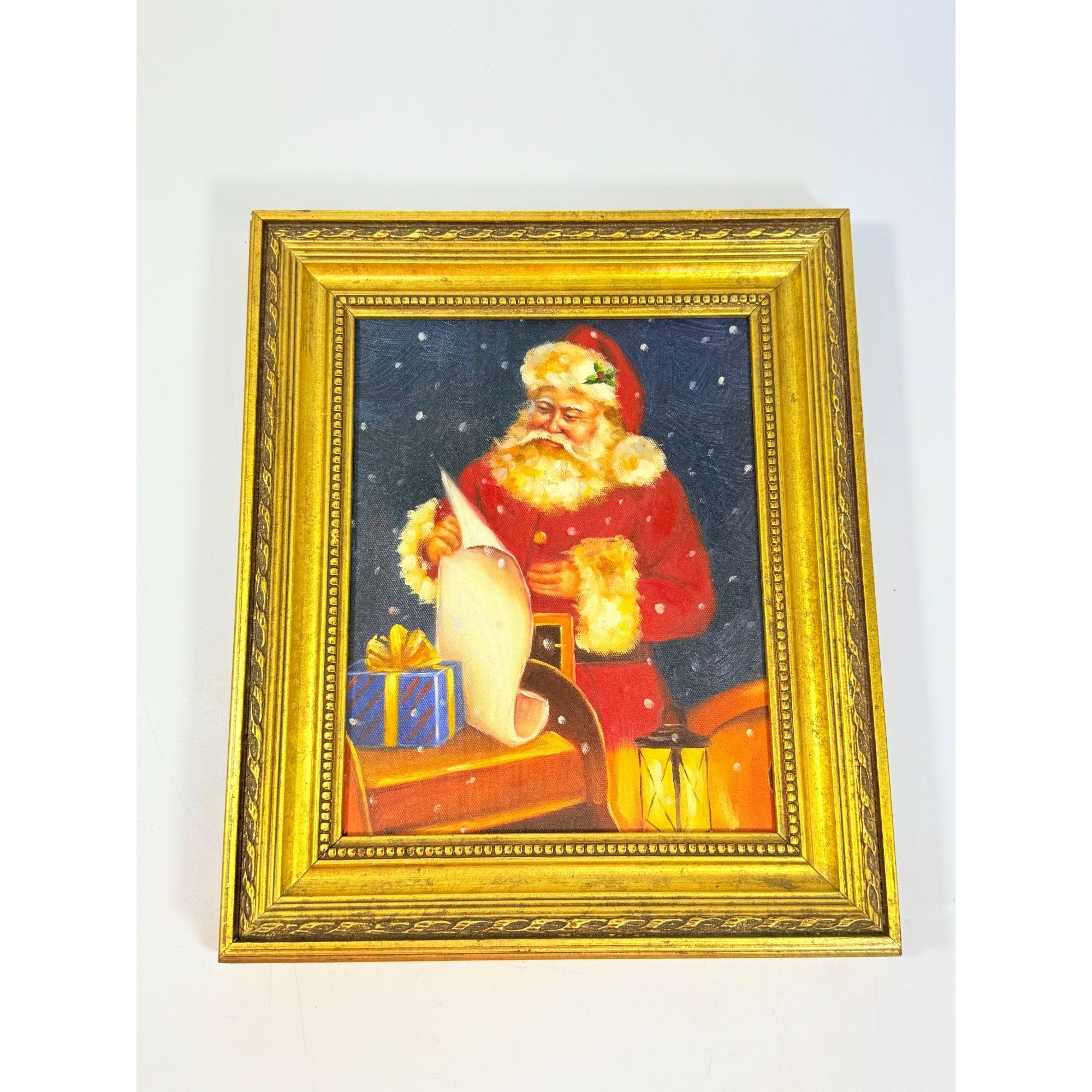 Santa Oil Painting Hand Painted Framed List Sleigh Present Lantern Old Word Traditional Vintage Holiday Seasonal Wall Shelf Decor Gold Frame
