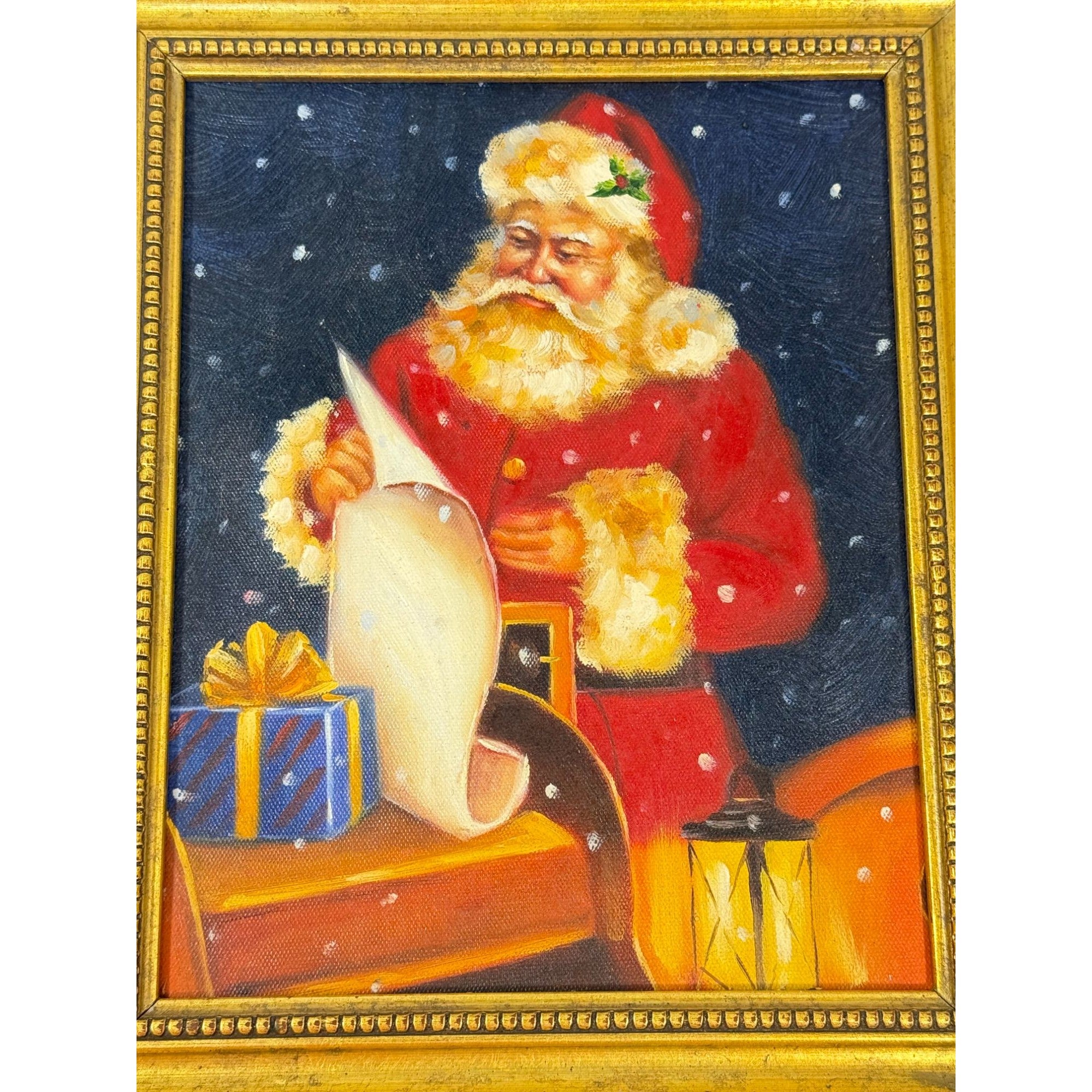 Santa Oil Painting Hand Painted Framed List Sleigh Present Lantern Old Word Traditional Vintage Holiday Seasonal Wall Shelf Decor Gold Frame