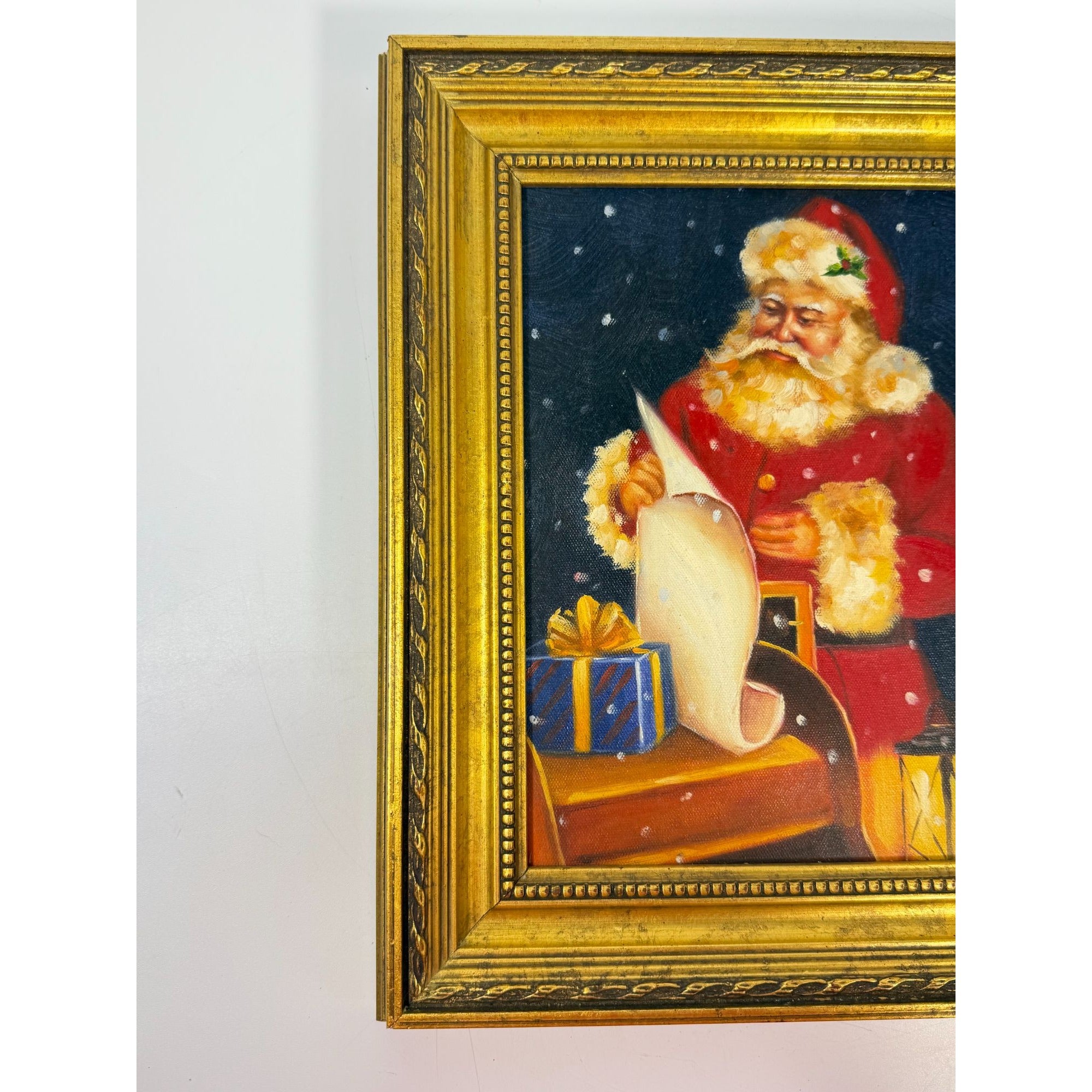 Santa Oil Painting Hand Painted Framed List Sleigh Present Lantern Old Word Traditional Vintage Holiday Seasonal Wall Shelf Decor Gold Frame