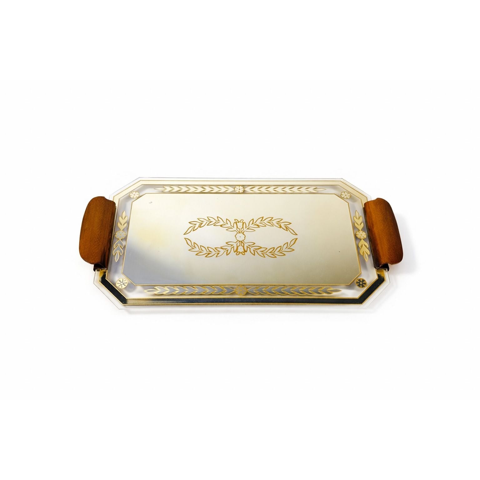 Boudior Vanity Tray Glass Mirror Reverse Hand Painted Brass Handles Art Deco Vintage Footed Floral Gold Black Home Decor Decorative Accents
