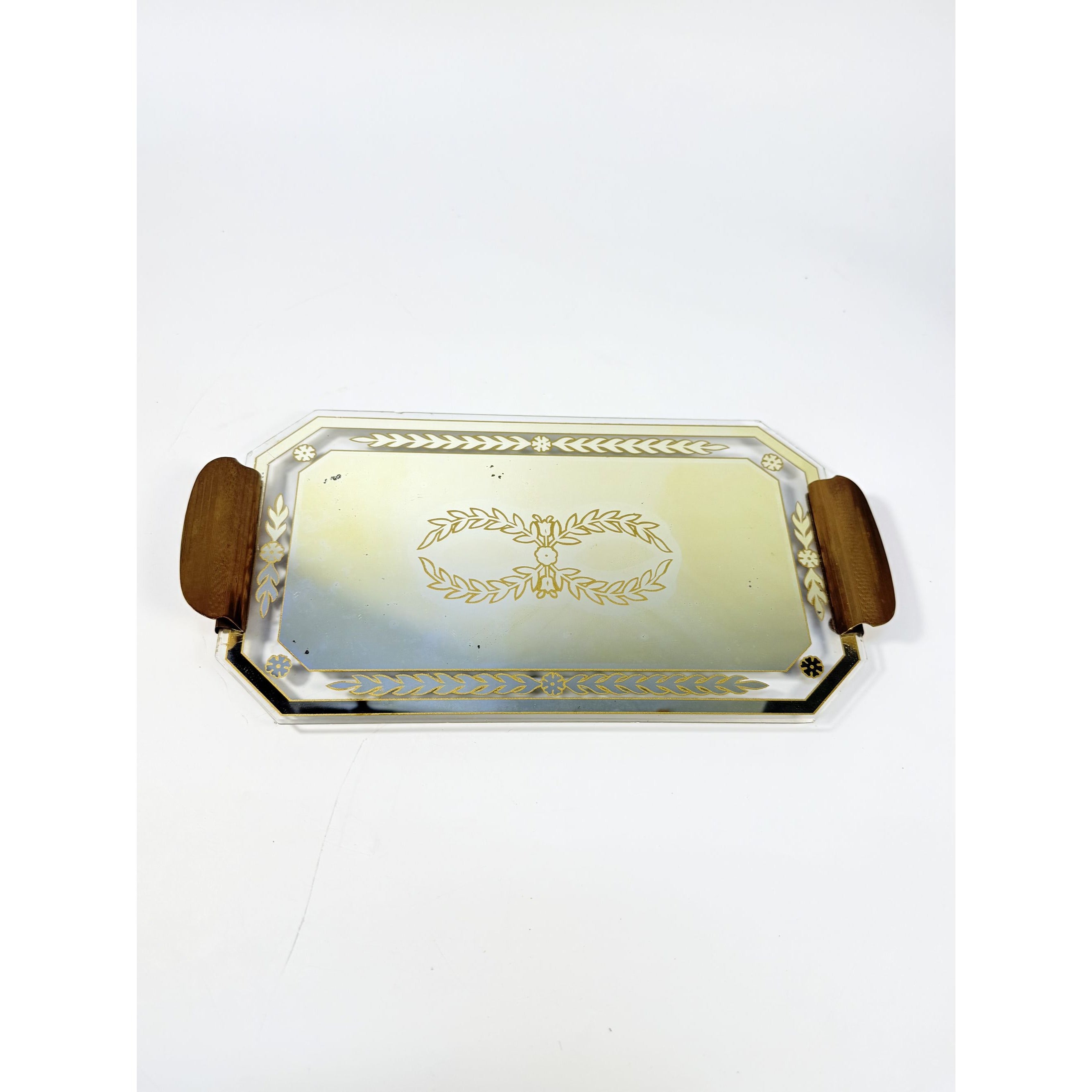 Boudior Vanity Tray Glass Mirror Reverse Hand Painted Brass Handles Art Deco Vintage Footed Floral Gold Black Home Decor Decorative Accents