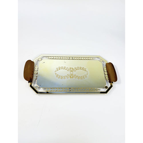 Boudior Vanity Tray Glass Mirror Reverse Hand Painted Brass Handles Art Deco Vintage Footed Floral Gold Black Home Decor Decorative Accents