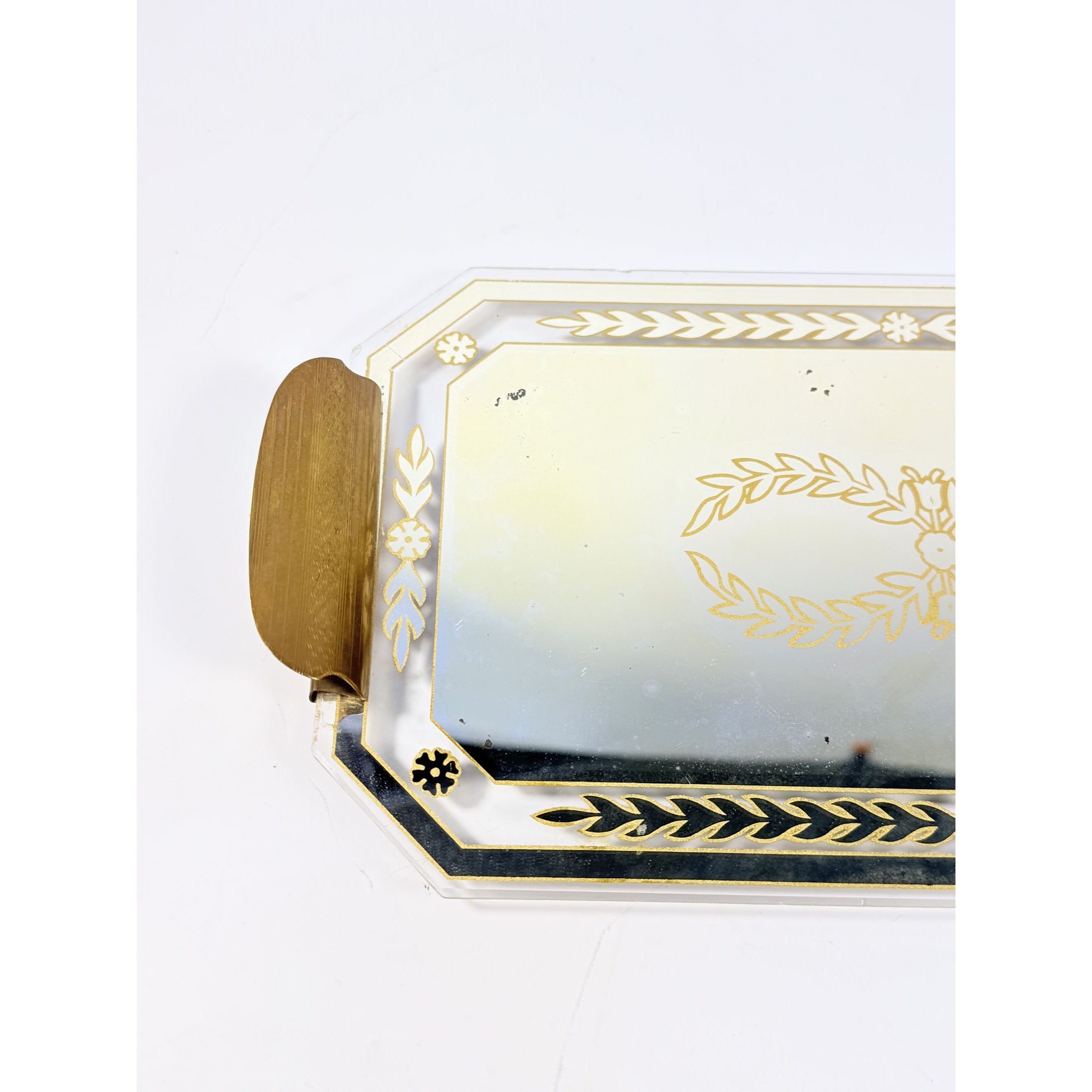 Boudior Vanity Tray Glass Mirror Reverse Hand Painted Brass Handles Art Deco Vintage Footed Floral Gold Black Home Decor Decorative Accents