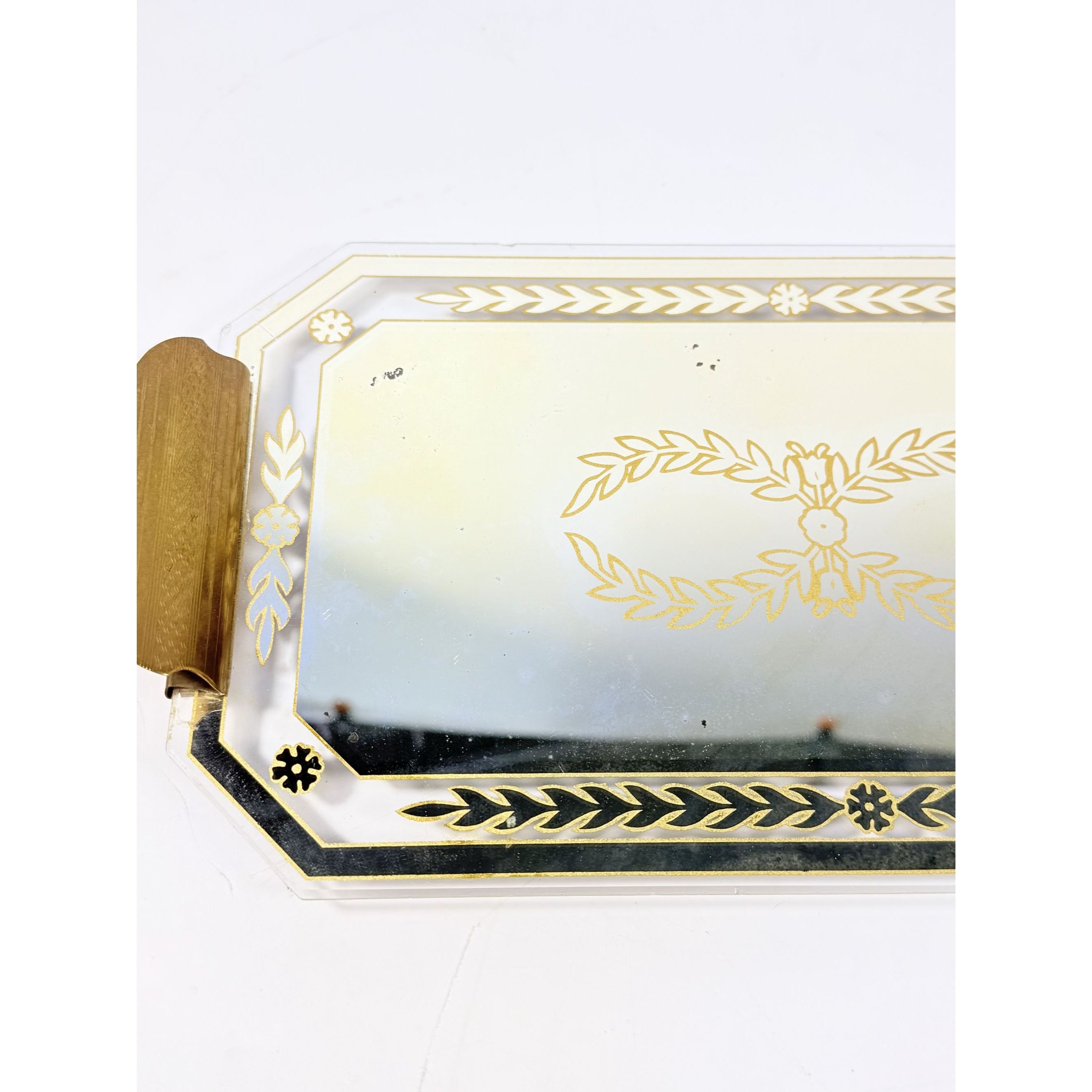 Boudior Vanity Tray Glass Mirror Reverse Hand Painted Brass Handles Art Deco Vintage Footed Floral Gold Black Home Decor Decorative Accents