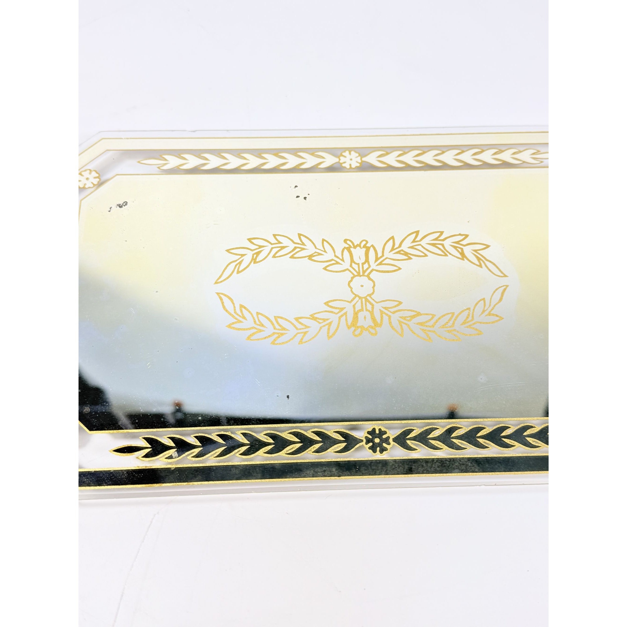 Boudior Vanity Tray Glass Mirror Reverse Hand Painted Brass Handles Art Deco Vintage Footed Floral Gold Black Home Decor Decorative Accents