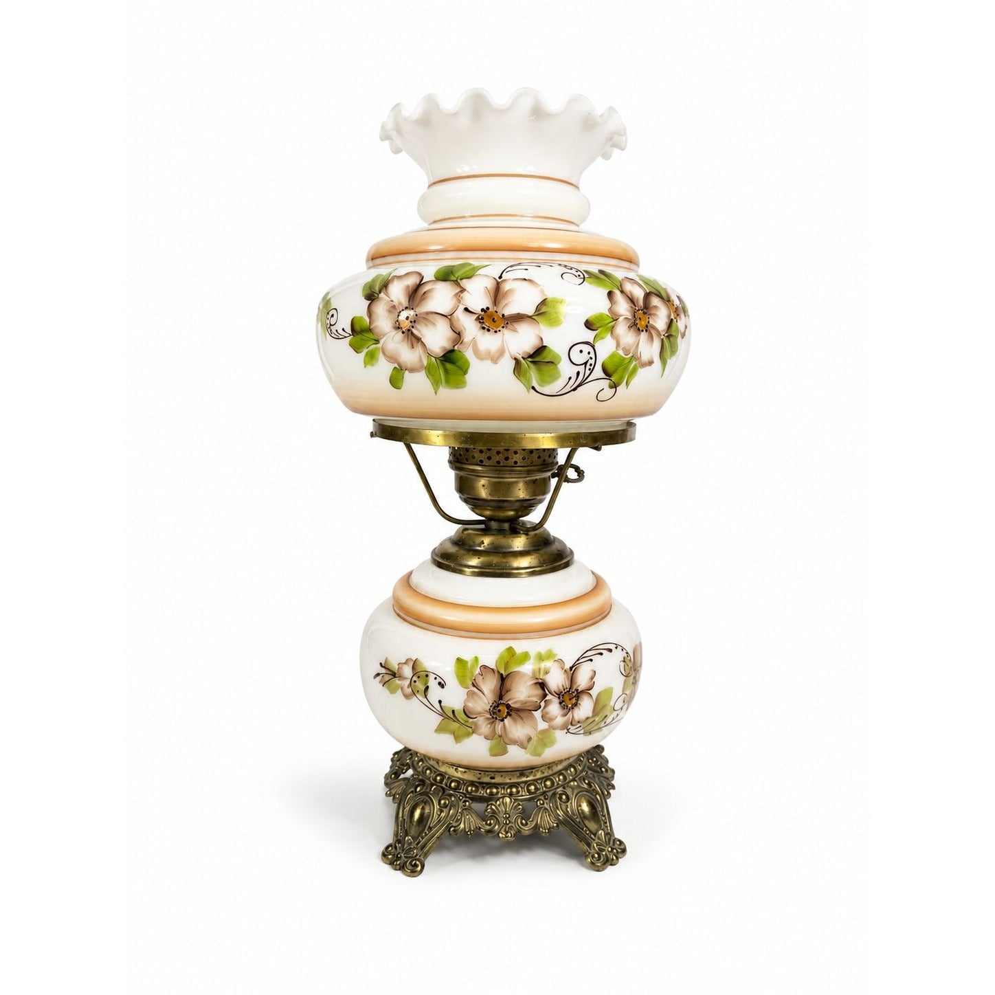 Gone with The Wind Table Lamp Hand Painted Floral Large Three Way Lighting Brass Metal Base Vintage Flowers Farmhouse Cottage Granny Core