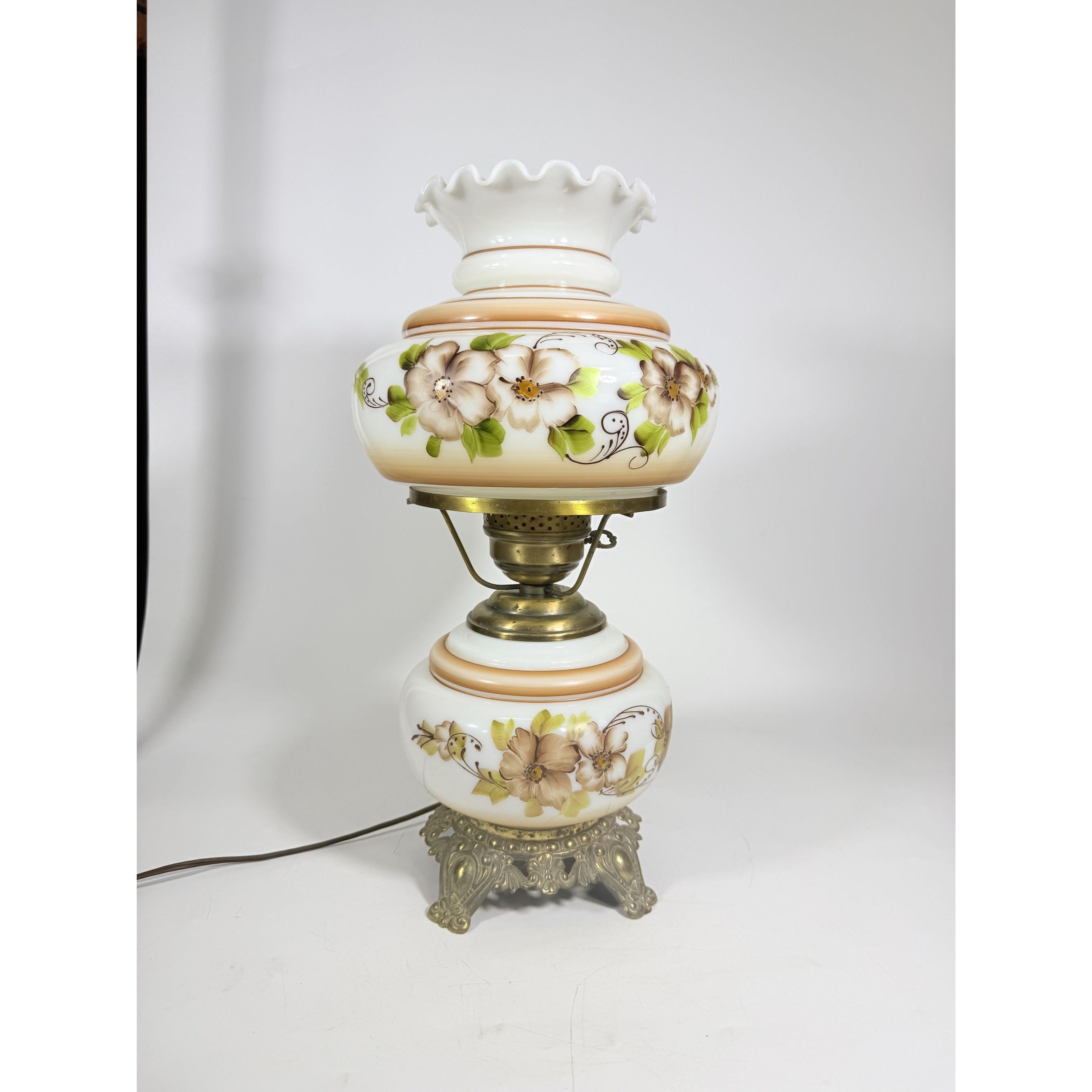 Gone with The Wind Table Lamp Hand Painted Floral Large Three Way Lighting Brass Metal Base Vintage Flowers Farmhouse Cottage Granny Core