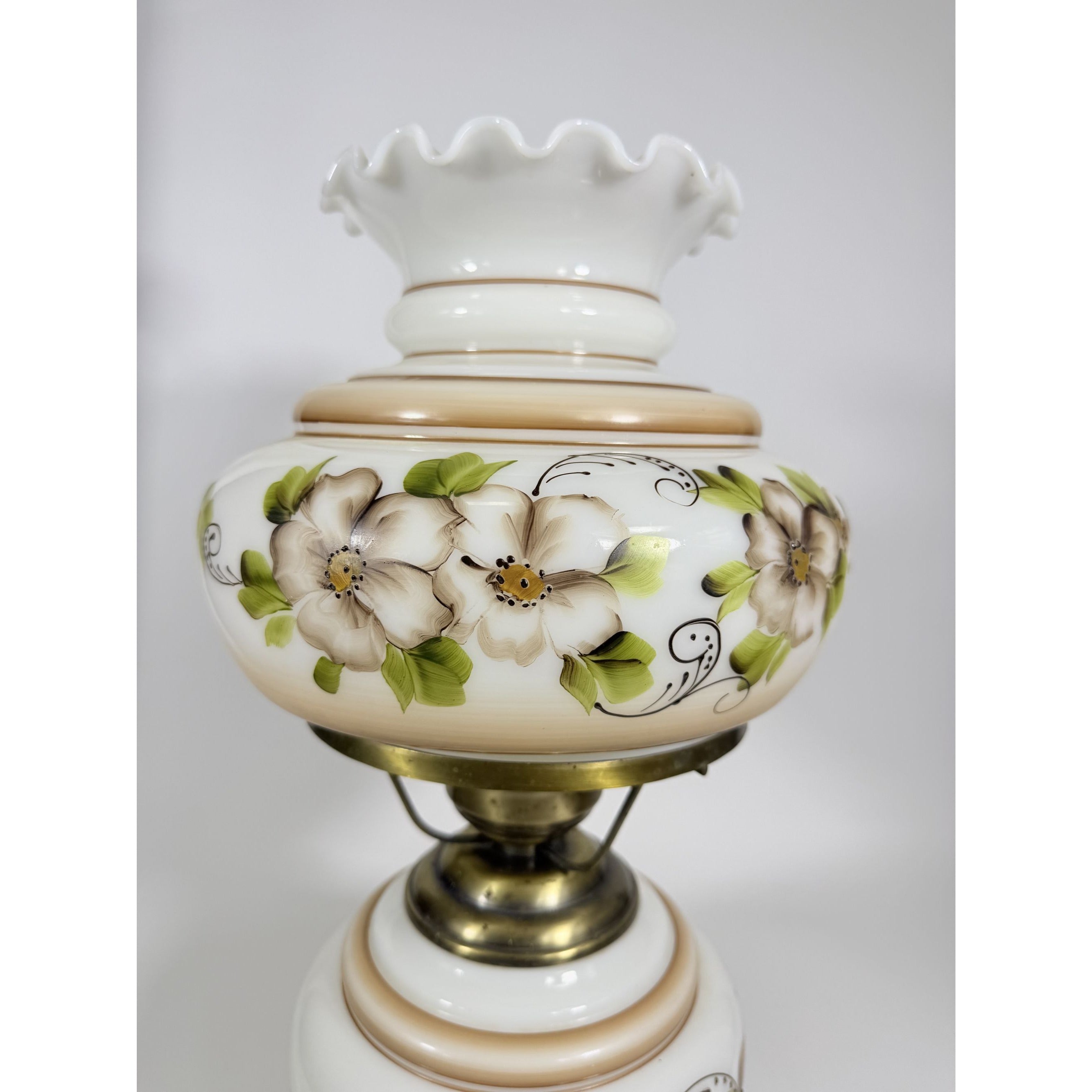 Gone with The Wind Table Lamp Hand Painted Floral Large Three Way Lighting Brass Metal Base Vintage Flowers Farmhouse Cottage Granny Core