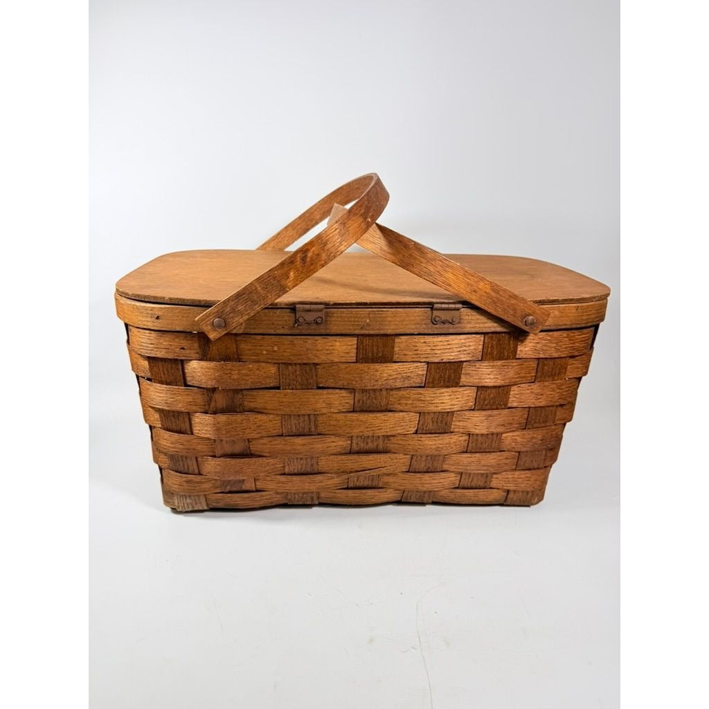 Picnic Basket Vintage Small Split Oak Weave Bent Wood Handle Basketville Storage Farmhouse Cottage Core