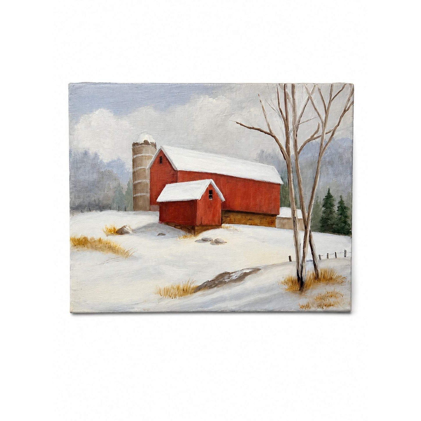 Oil Painting Red Barn Silo Winter Scene Snow Vintage Unknown Artist Unframed Gallery Wall Art