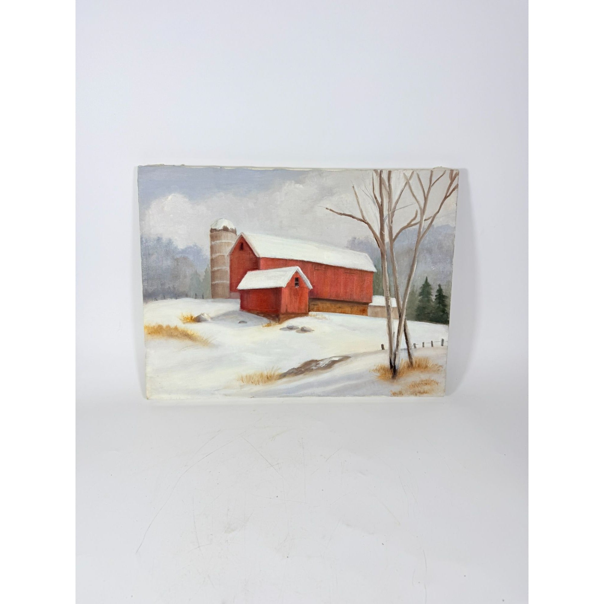 Oil Painting Red Barn Silo Winter Scene Snow Vintage Unknown Artist Unframed Gallery Wall Art