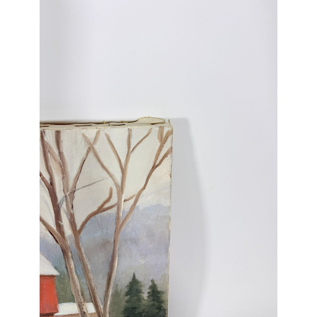 Oil Painting Red Barn Silo Winter Scene Snow Vintage Unknown Artist Unframed Gallery Wall Art