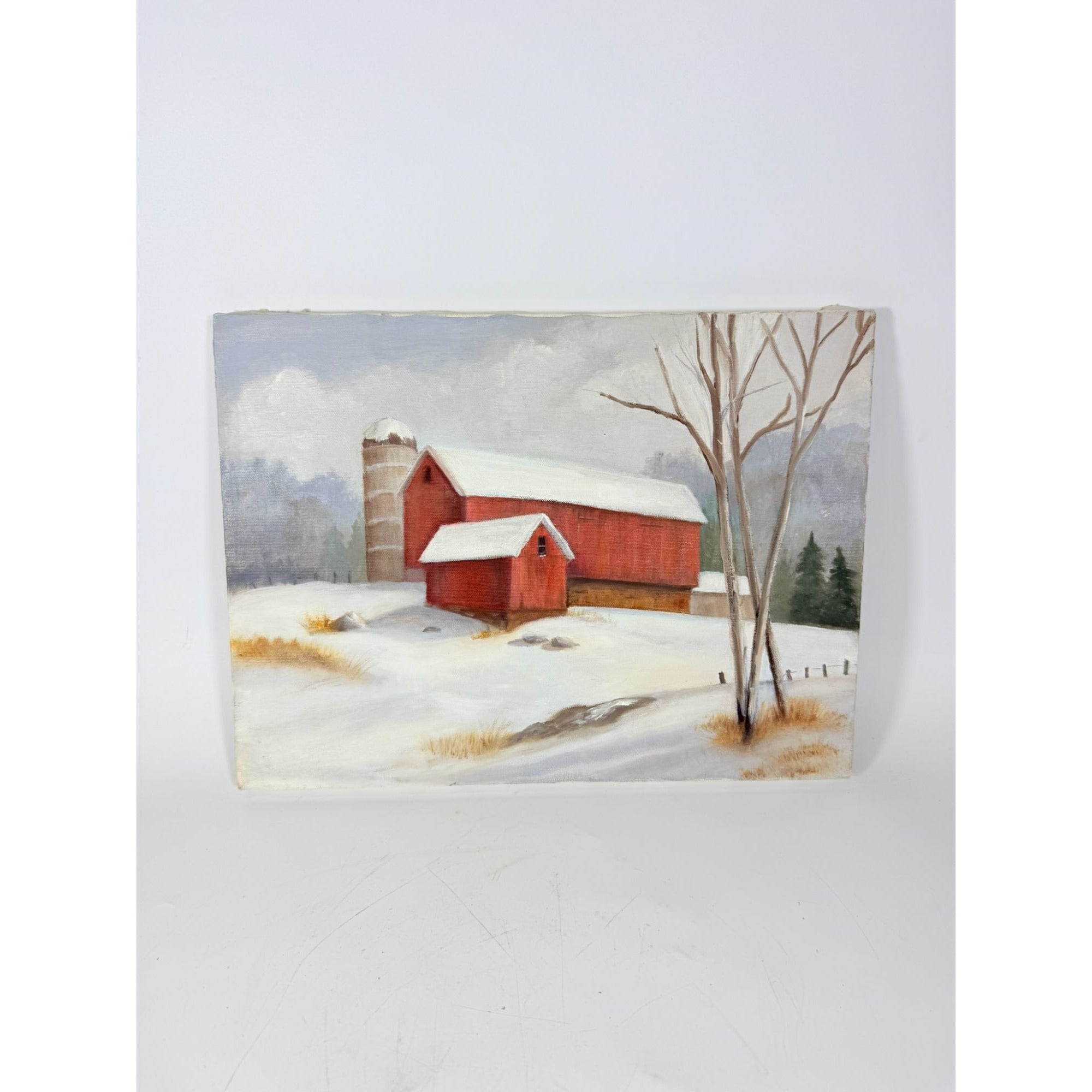 Oil Painting Red Barn Silo Winter Scene Snow Vintage Unknown Artist Unframed Gallery Wall Art