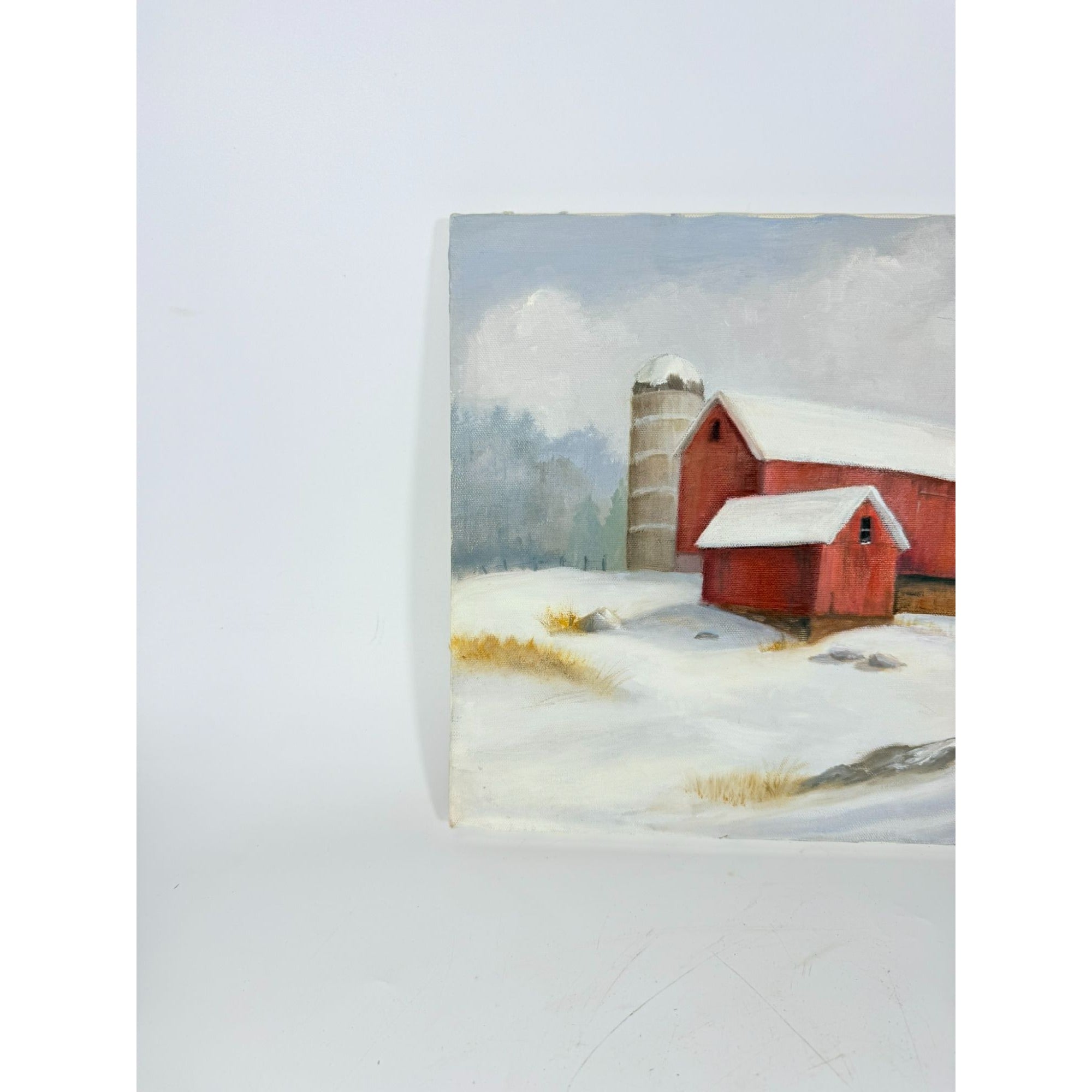 Oil Painting Red Barn Silo Winter Scene Snow Vintage Unknown Artist Unframed Gallery Wall Art