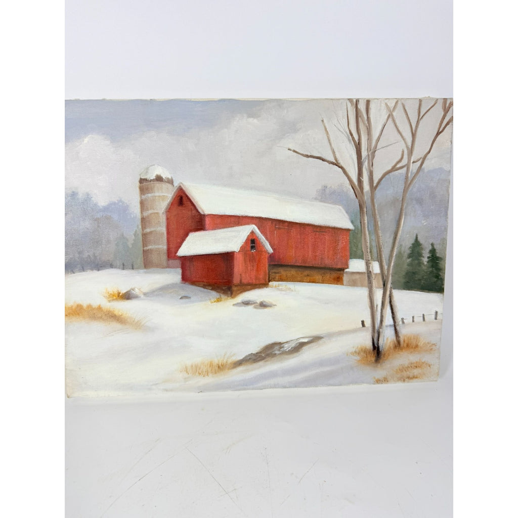 Oil Painting Red Barn Silo Winter Scene Snow Vintage Unknown Artist Unframed Gallery Wall Art