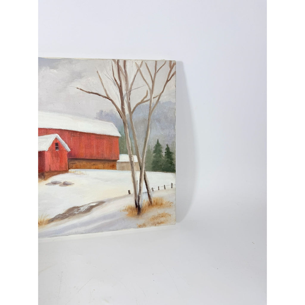 Oil Painting Red Barn Silo Winter Scene Snow Vintage Unknown Artist Unframed Gallery Wall Art