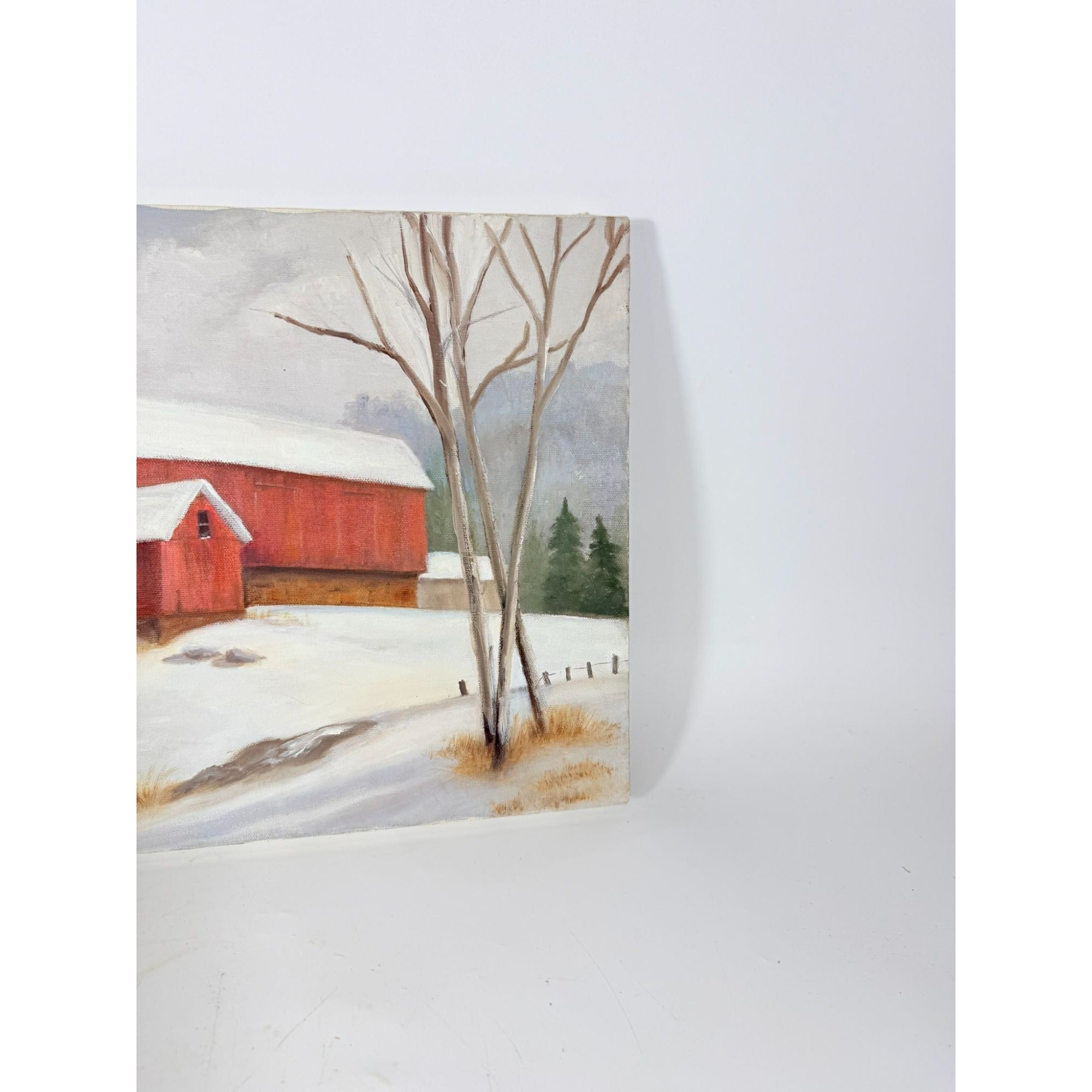 Oil Painting Red Barn Silo Winter Scene Snow Vintage Unknown Artist Unframed Gallery Wall Art