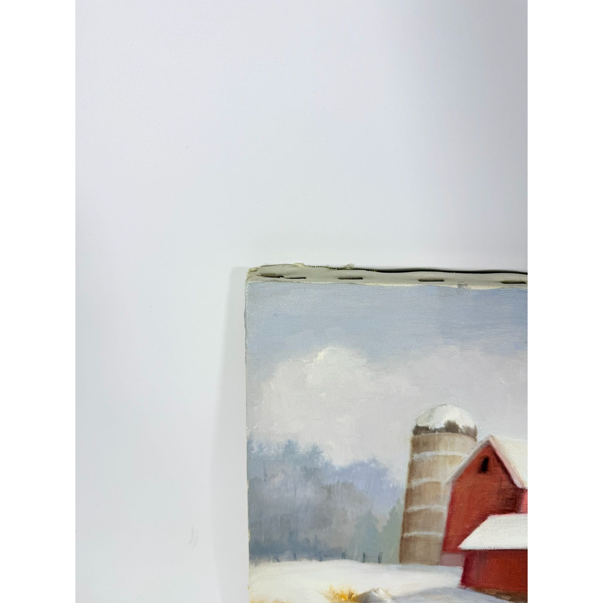 Oil Painting Red Barn Silo Winter Scene Snow Vintage Unknown Artist Unframed Gallery Wall Art